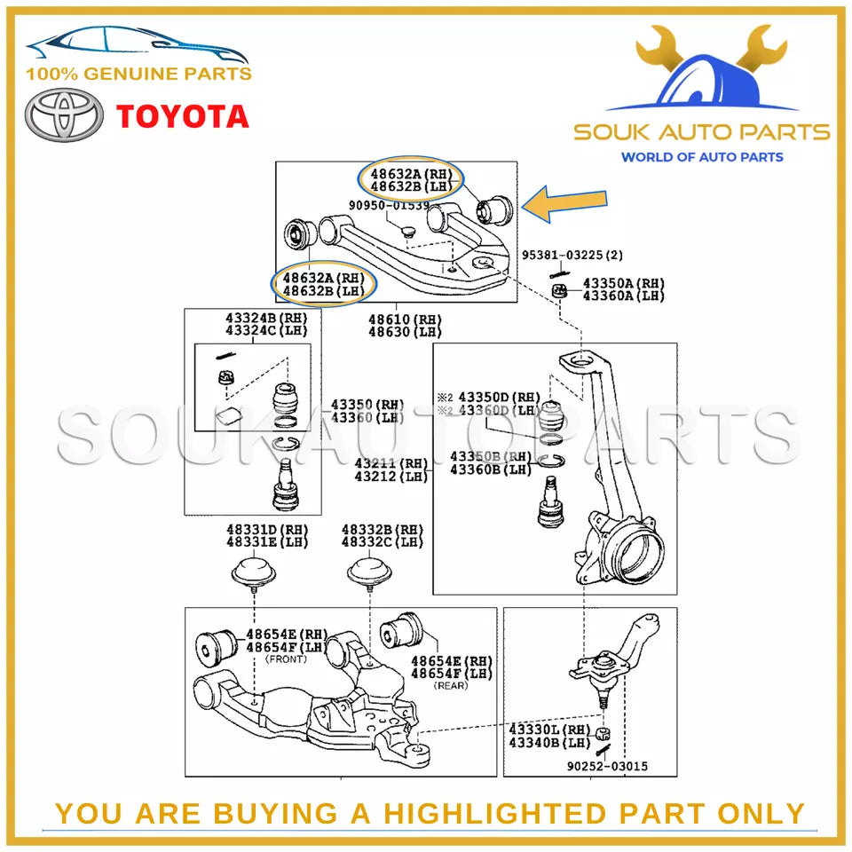 48632-35080 GENUINE TOYOTA BUSH, FR SUSPENSION UPPER ARM, RH/LH (4 Pcs Set)