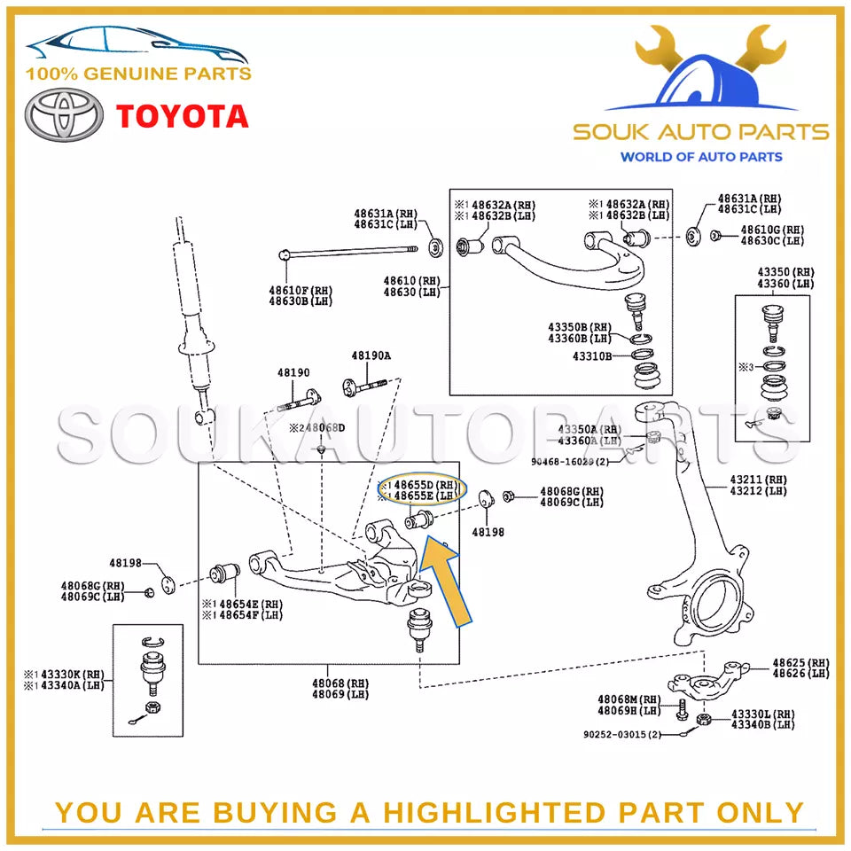 48654-0K040 Genuine Toyota BUSH, FRONT LOWER ARM, NO.1, RH/LH OEM