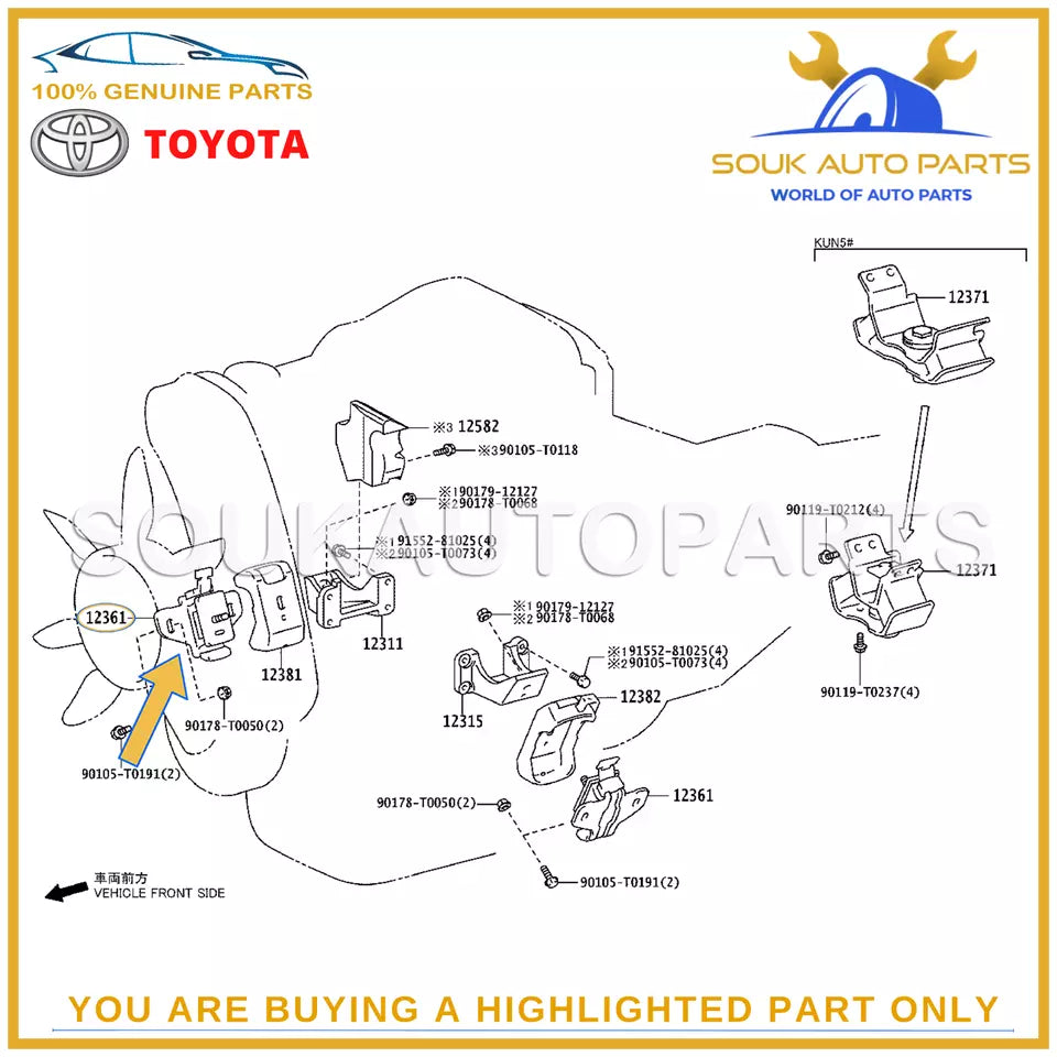 12361-0L030 Genuine Toyota INSULATOR SET (2PCS), ENGINE MOUNTING, FRONT 1KD 2KD