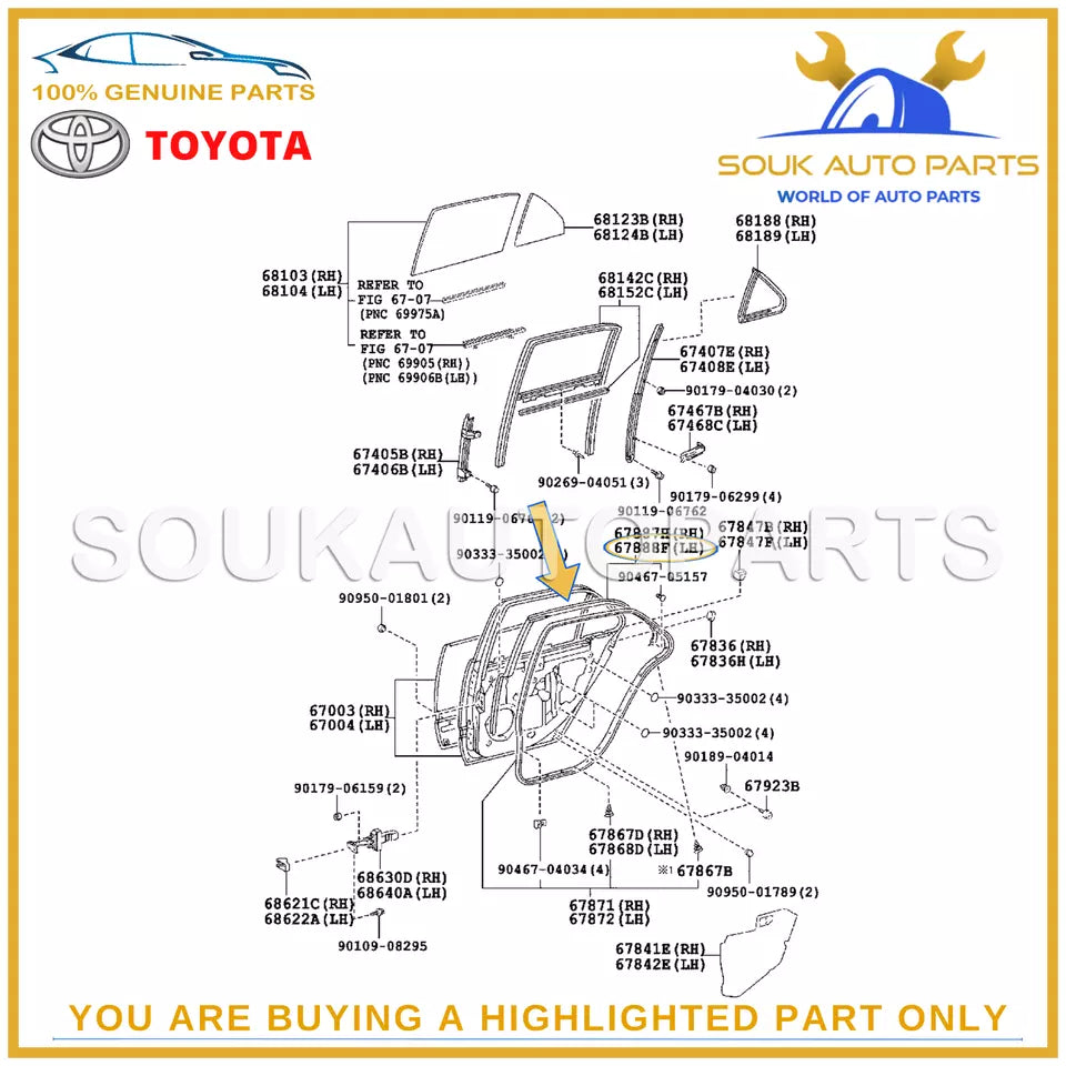 67888-50030 Genuine Toyota REAR DOOR UPPER WEATHER STRIP (LH) 6788850030 OEM