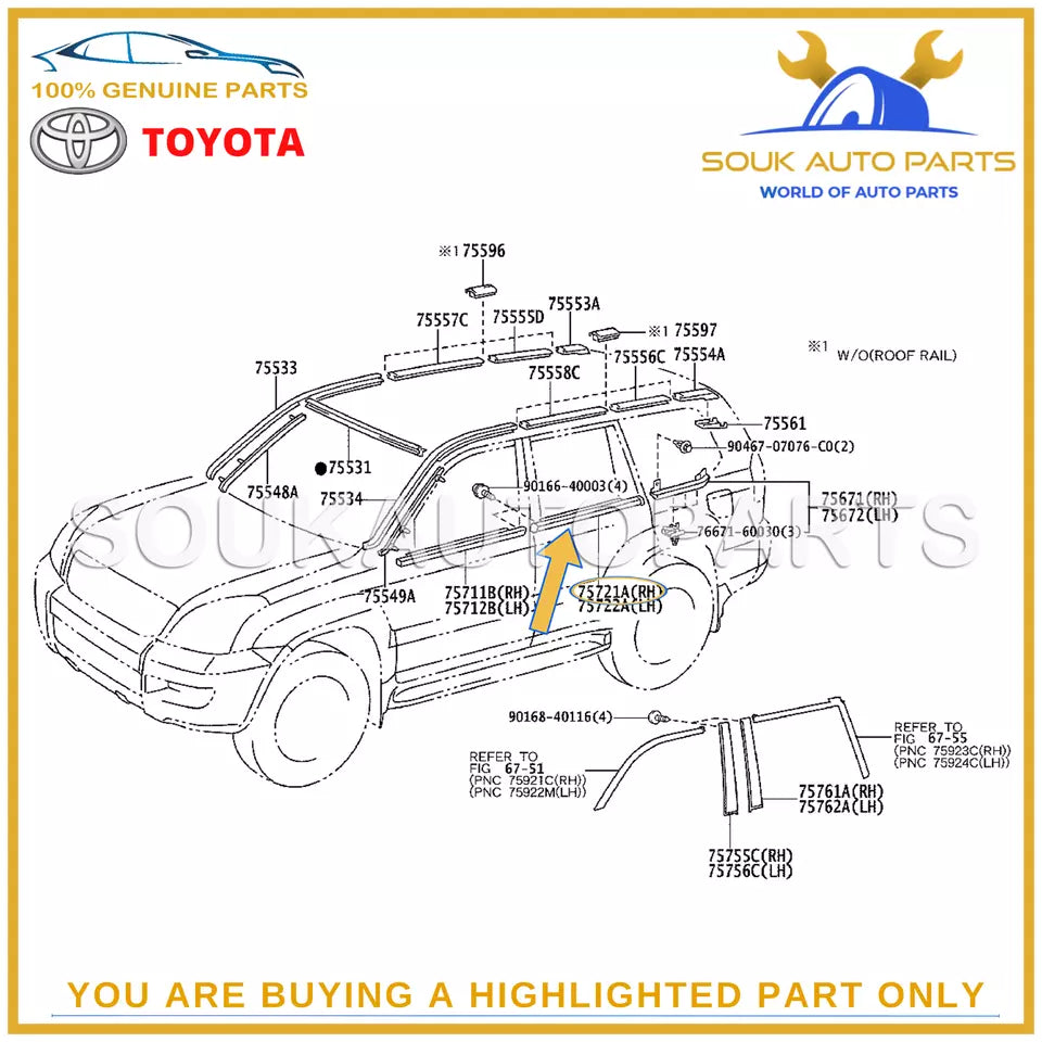 75721-60080 Genuine Toyota MOULDING, REAR DOOR BELT, RH 7572160080 OEM