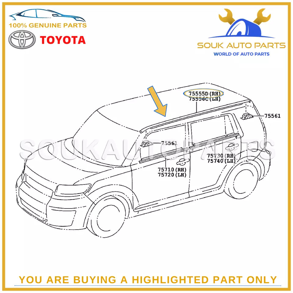 75555-12161/60 Genuine Toyota MOULDING, ROOF DRIP SIDE FINISH, CENTER RH OEM