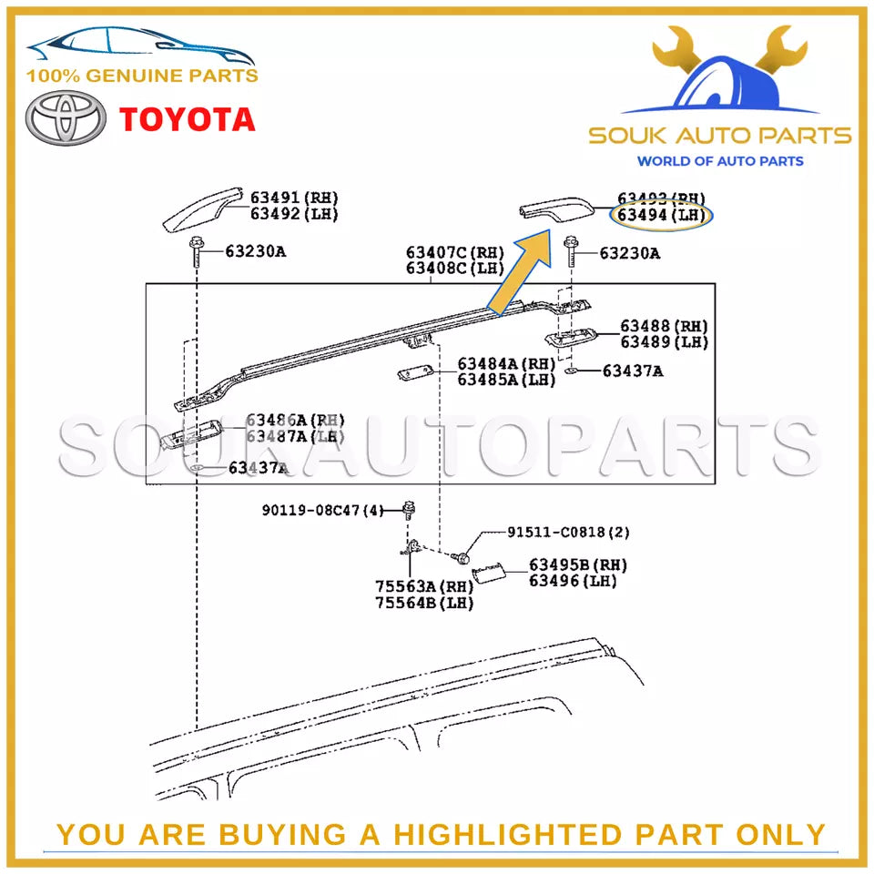 63494-60090-C0 Genuine Toyota COVER, ROOF RACK LEG, REAR LH 6349460090C0 OEM