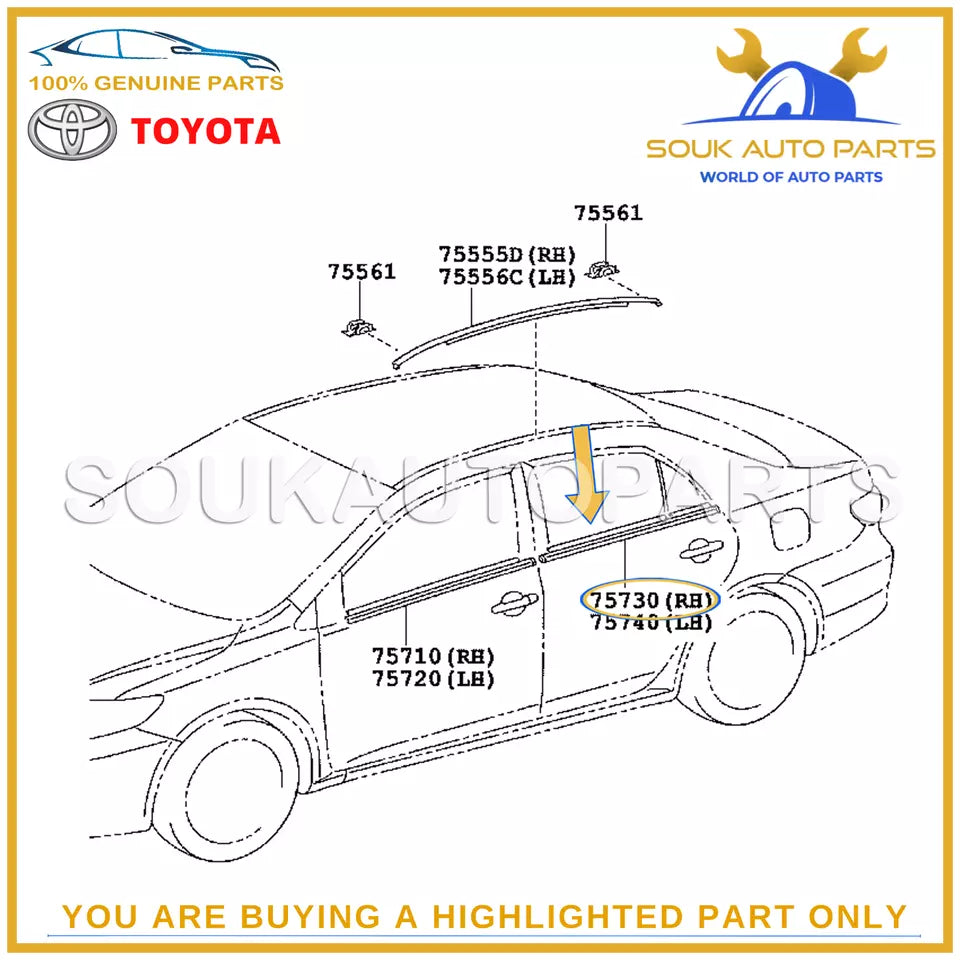 75730-12300 Genuine Toyota MOULDING ASSY, REAR DOOR BELT, RH 7573012300 OEM