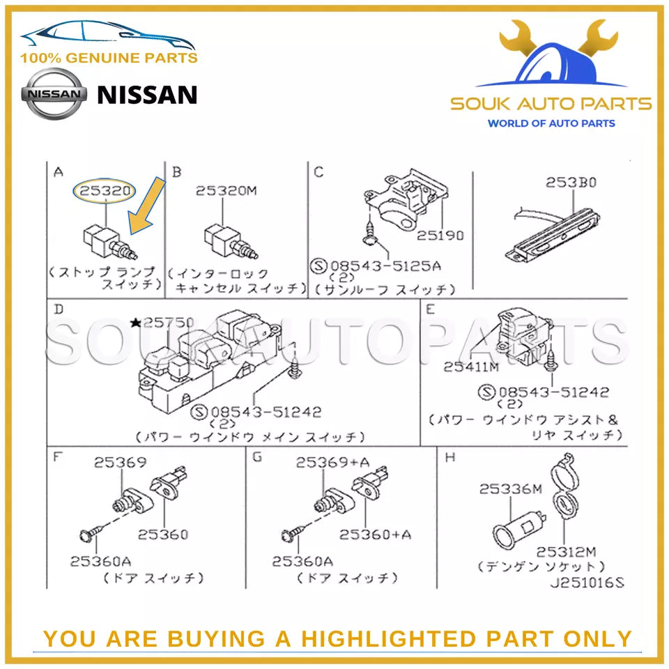 25300-62J0E Genuine Nissan SWITCH CRUISE CONTROL CANCEL 2530062J0E