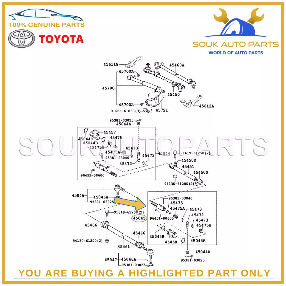 45045-69075 Genuine Toyota END SUB-ASSY, STEERING RELAY ROD, LH 4504569075 OEM