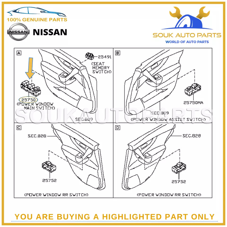 25401-1CA3B Genuine Nissan SWITCH AUTO POWER WINDOW MAIN For Infiniti FX35 QX70
