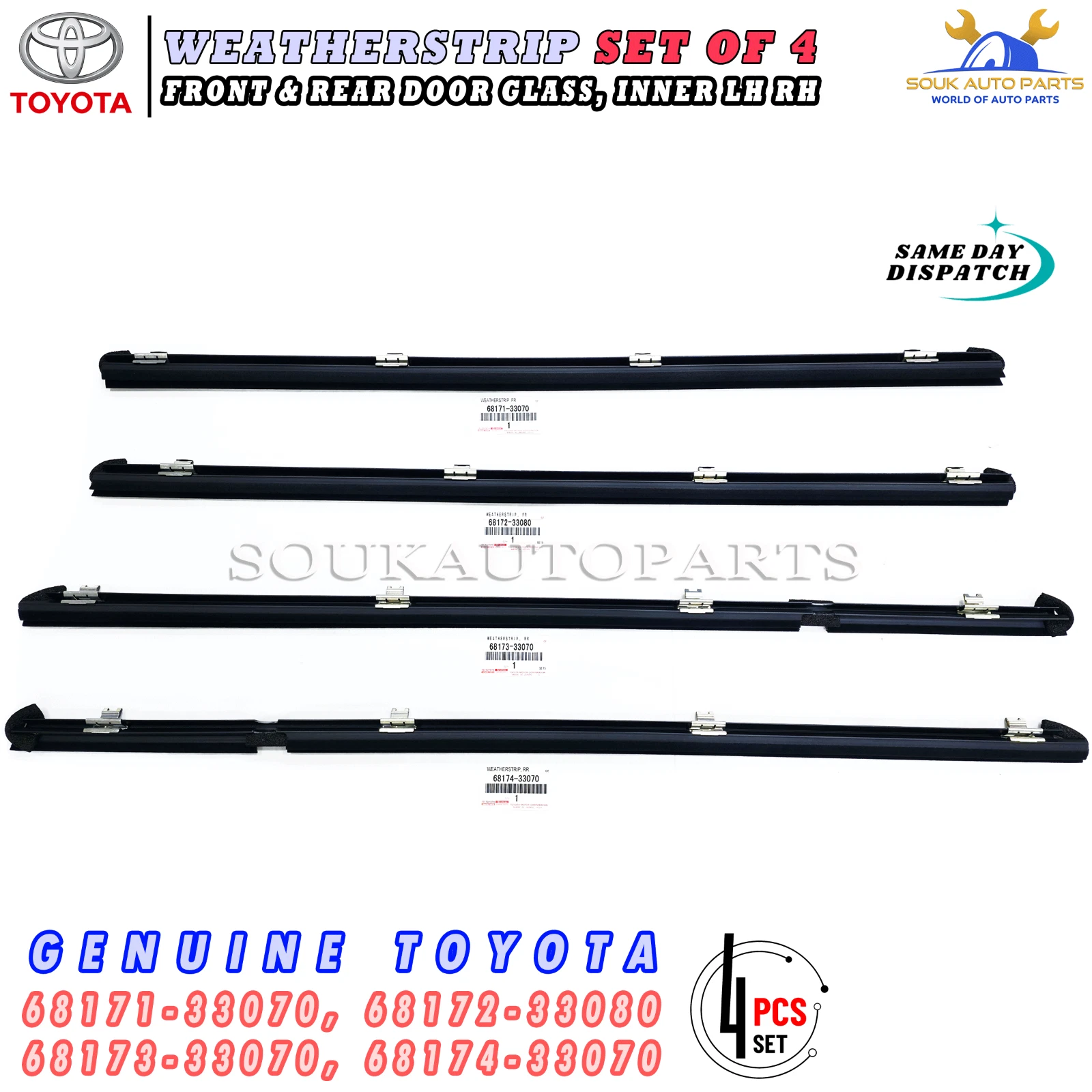 OEM FRONT & REAR WEATHERSTRIP SET OF 4, DOOR GLASS, INNER LH RH FOR LEXUS ES350