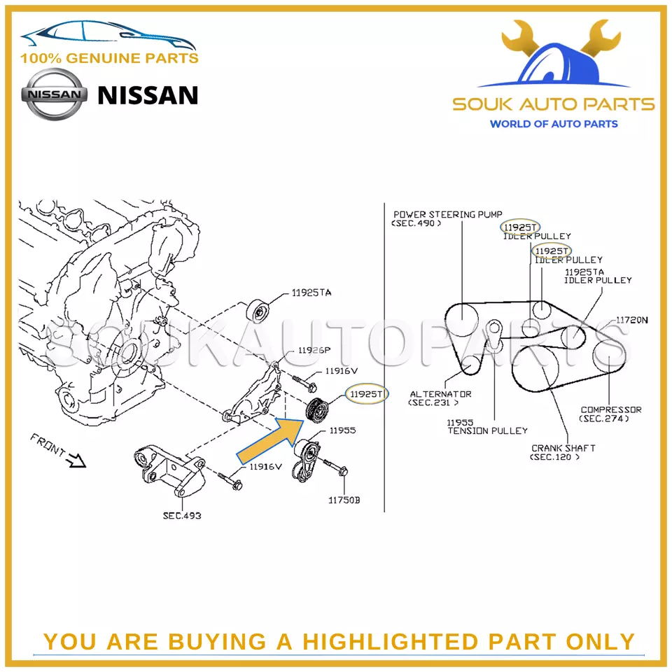 11925-JK20D Genuine Nissan IDLER PULLEY ASSY OEM Infiniti QX50 Q70