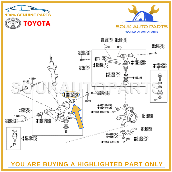 48655-0K010 Genuine Toyota BUSH, FRONT LOWER ARM, NO.2, RH/LH 486550K010 OEM