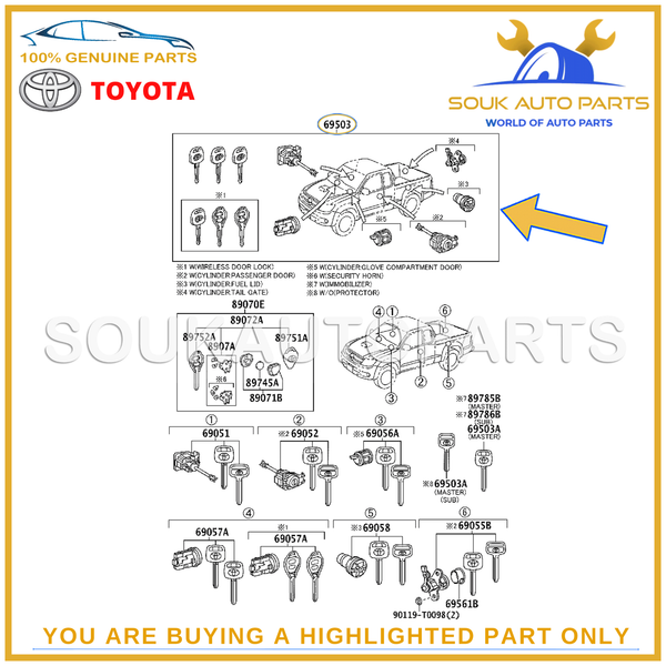 69005-0K011 Genuine Toyota CYLINDER SET, LOCK 690050K011 OEM