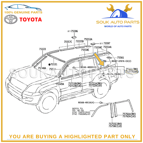 75660-60070 & 75670-60070 Genuine Toyota QUARTER BELT MOULDING SET, RH & LH