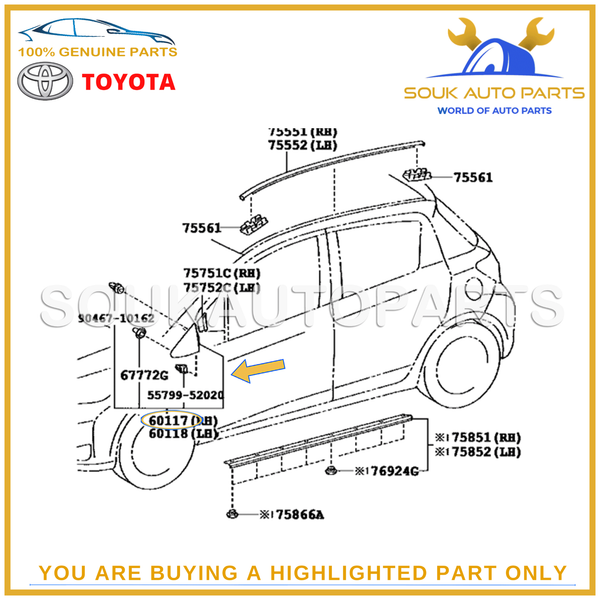 60117-52070 Genuine Toyota FRONT PILLAR COVER SUB ASSY, UPR RH 6011752070 OEM