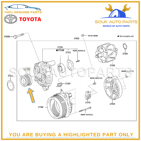 27415-30010 Genuine Toyota PULLEY, ALTERNATOR W/CLUTCH 2741530010 OEM