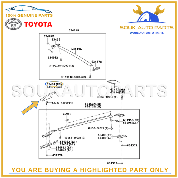 63491-42030-C0 Genuine Toyota FRONT ROOF RAIL COVER, RH Toyota RAV4 2006-2012